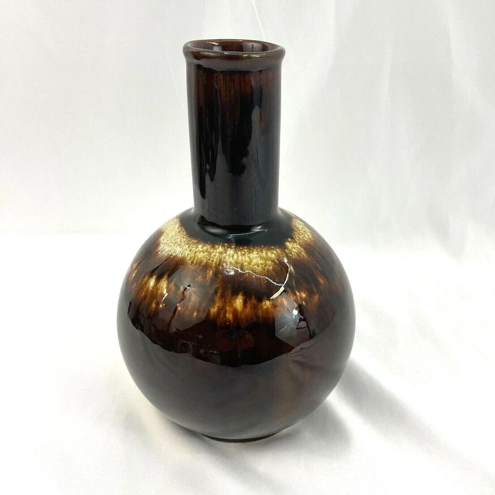 Vintage Brown Drip Glaze Vase Unbranded Round Bottom Cylinder‎ Shaped Top